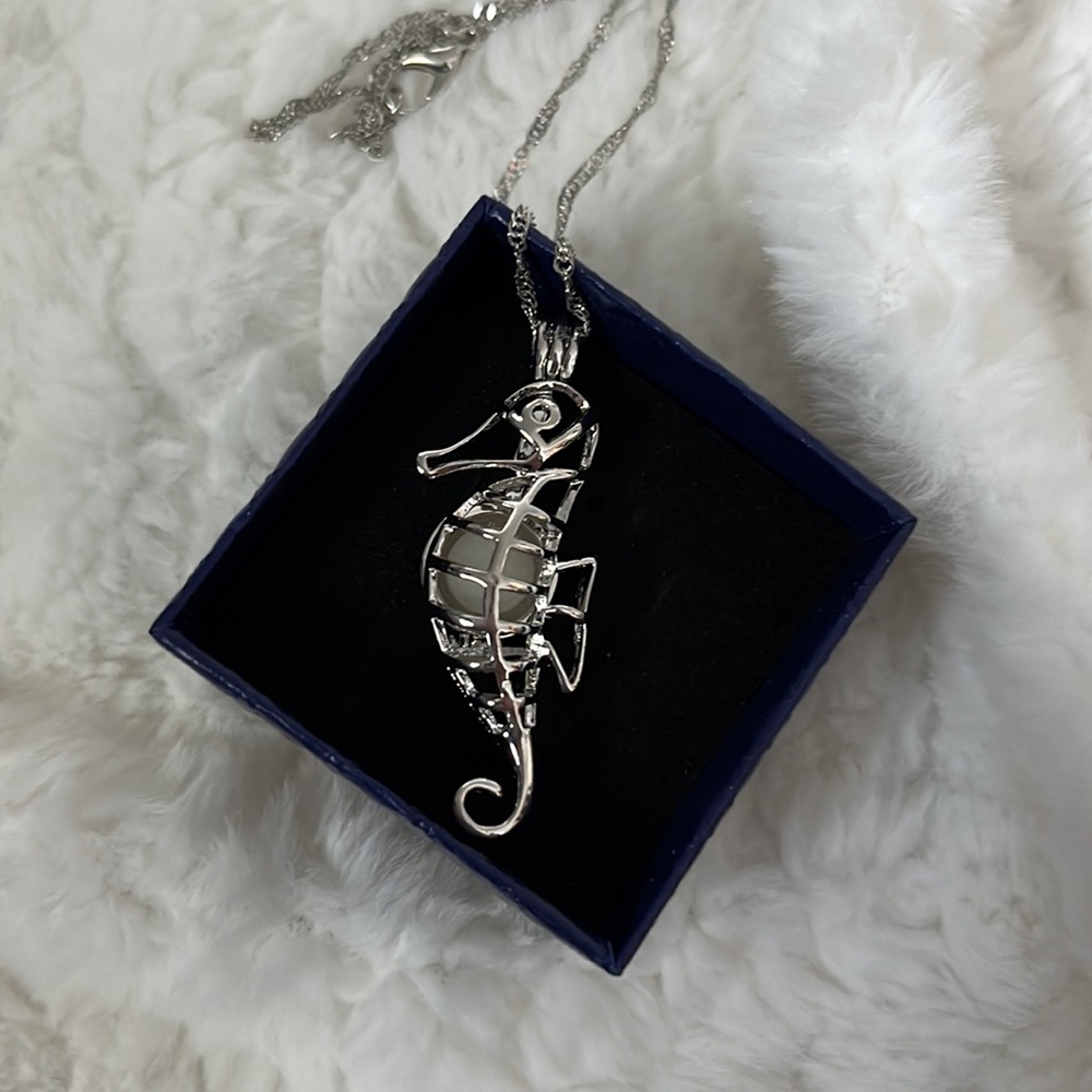 Silver Seahorse Necklace With White Bead New Without Tags